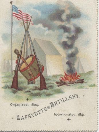drawing of a drum between three guns, a campfire and an american flag